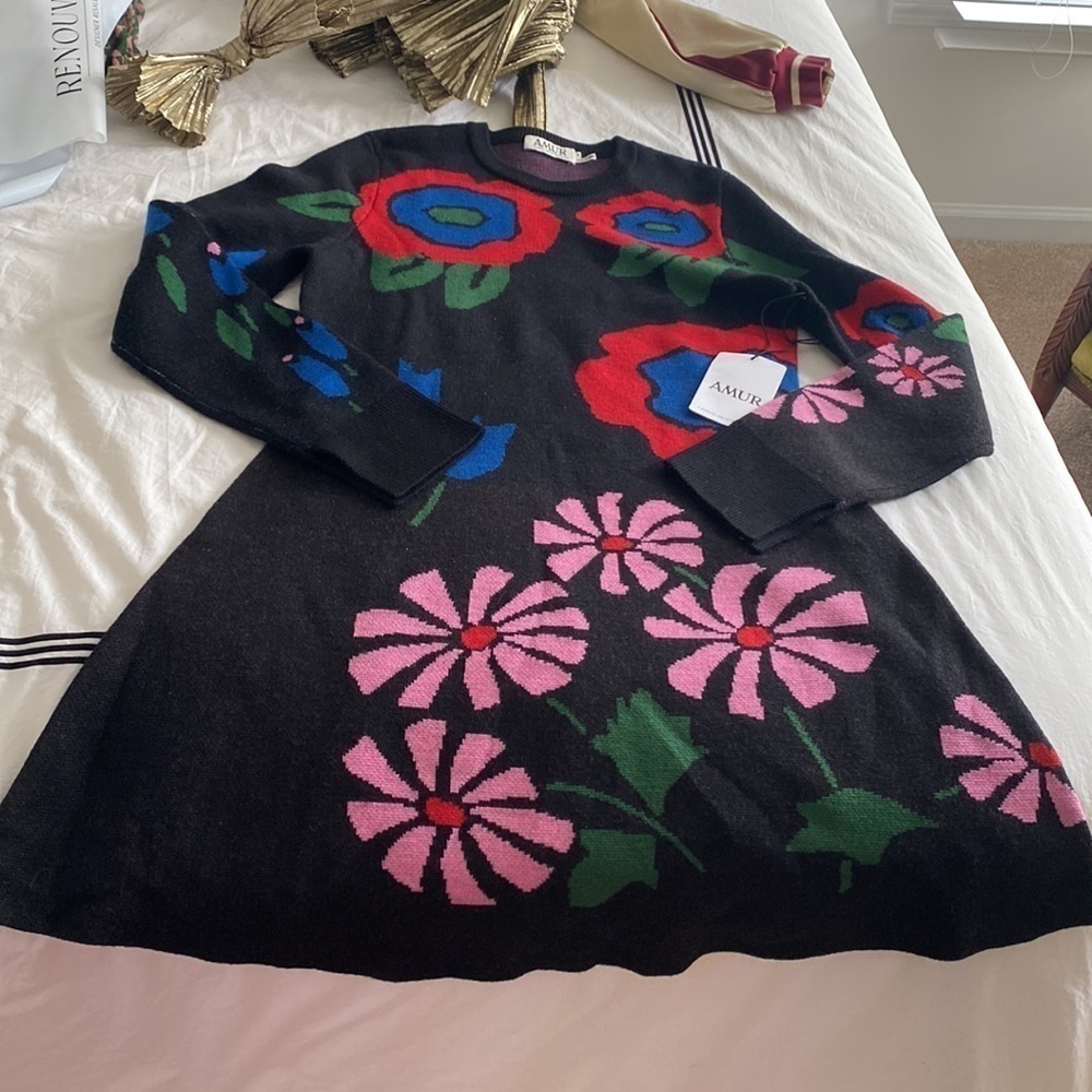 AMUR- NWT “Nataly” Fit and Flare Floral Longsleeve Wool Sweater Mini Dress - Picture 7 of 7